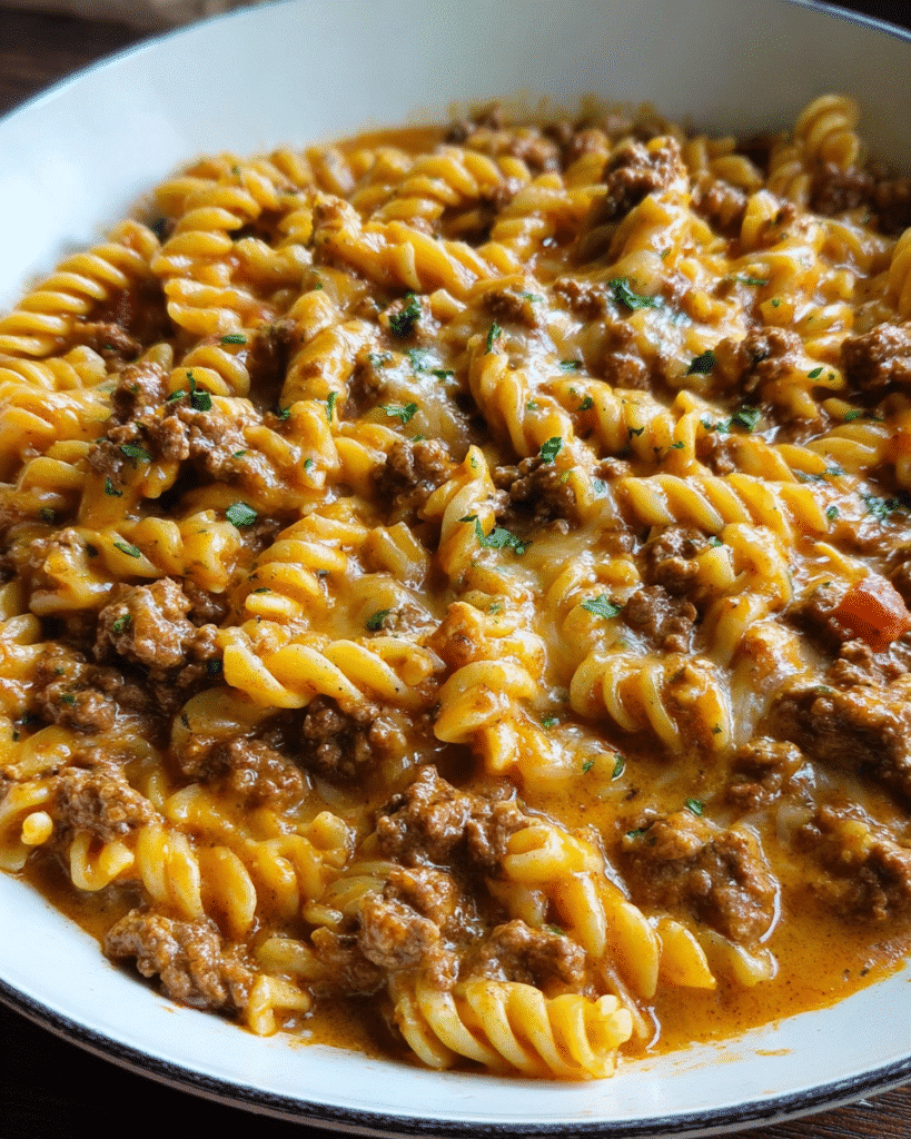 Easy cheeseburger pasta skillet with ground beef, cheddar cheese, and rotini pasta in a one-pan skillet
