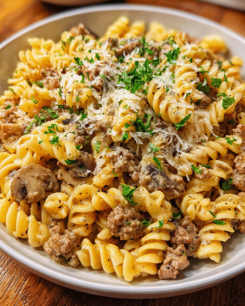 Garlic Parmesan Beef Pasta in creamy sauce with rotini