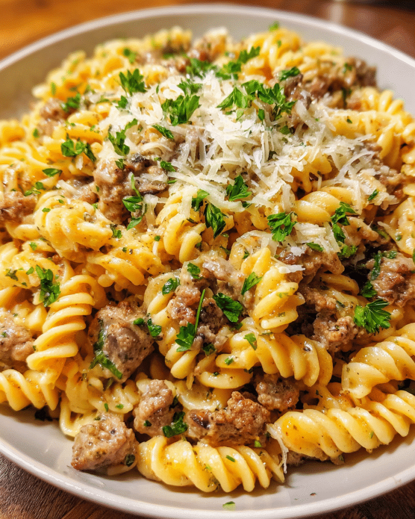 Garlic Parmesan Beef Pasta in creamy sauce with rotini