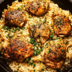 Garlic Butter Chicken Rice Skillet in a cast iron pan with parsley garnish
