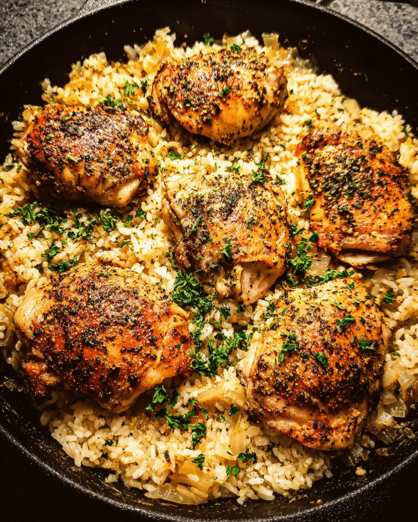 Garlic Butter Chicken Rice Skillet in a cast iron pan with parsley garnish