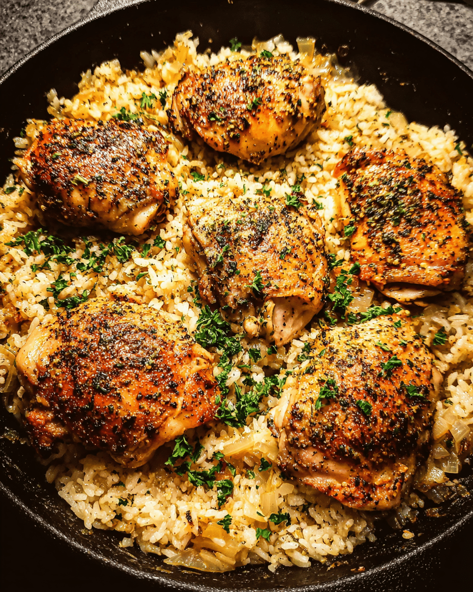 Garlic Butter Chicken Rice Skillet in a cast iron pan with parsley garnish