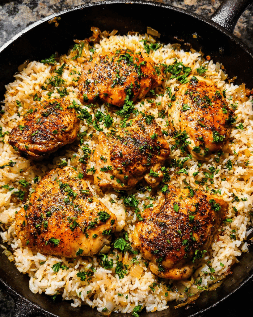 Garlic Butter Chicken Rice Skillet in a cast iron pan with parsley garnish