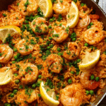 Garlic butter shrimp rice skillet in pan
