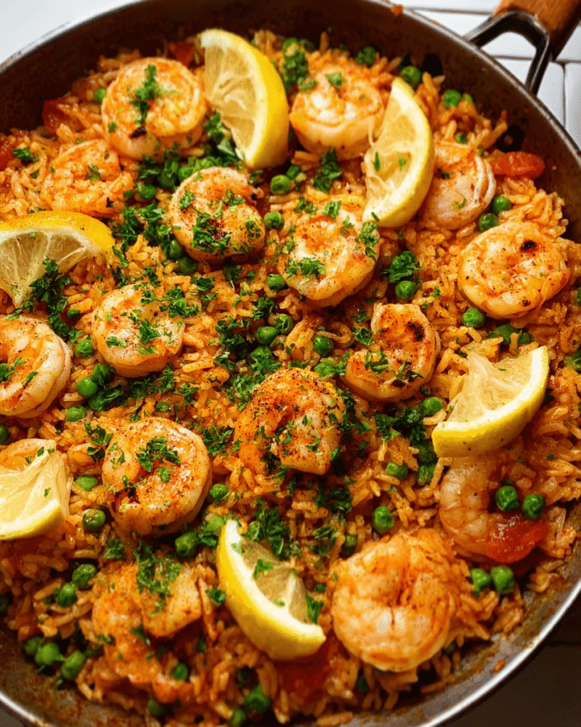 Garlic butter shrimp rice skillet in pan