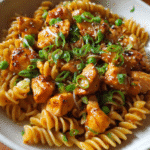 Honey garlic chicken pasta served in a white bowl with green onions and Parmesan