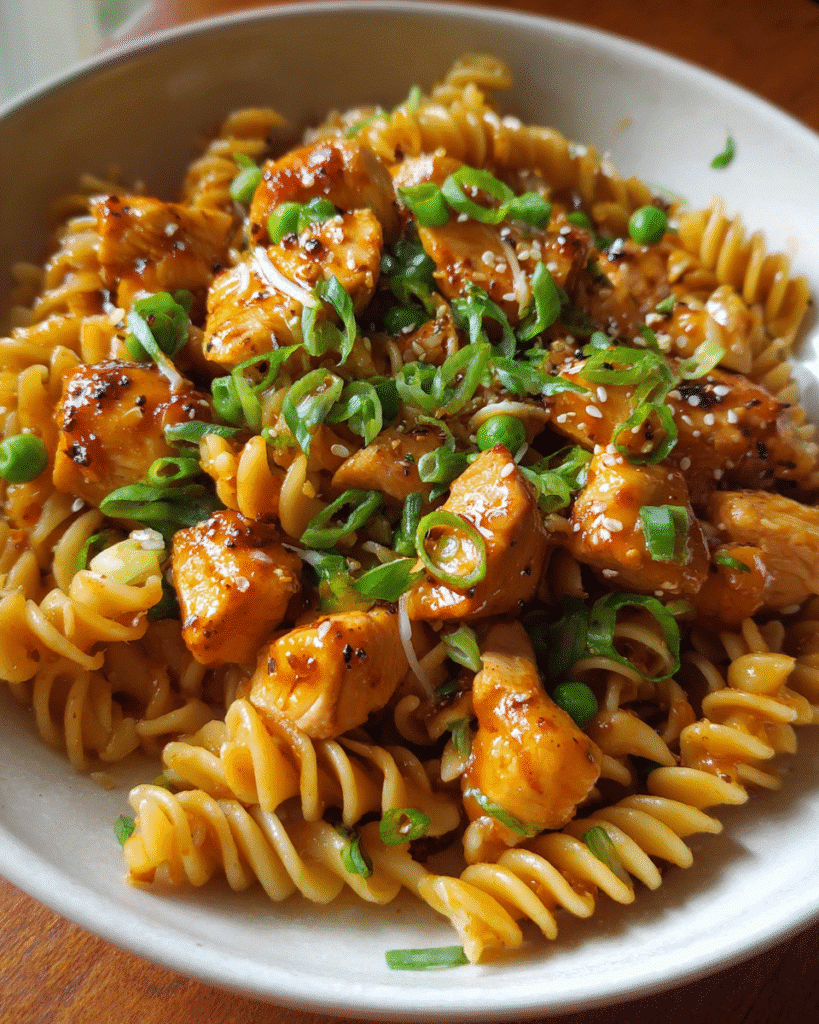 Honey garlic chicken pasta served in a white bowl with green onions and Parmesan