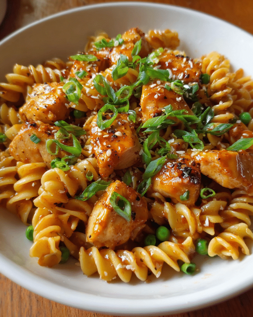 Honey garlic chicken pasta served in a white bowl with green onions and Parmesan