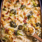 Loaded Chicken Alfredo Potato Casserole fresh out of the oven