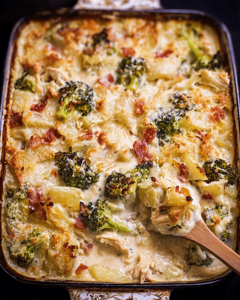 Loaded Chicken Alfredo Potato Casserole fresh out of the oven