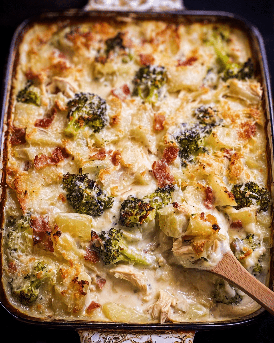 Loaded Chicken Alfredo Potato Casserole fresh out of the oven