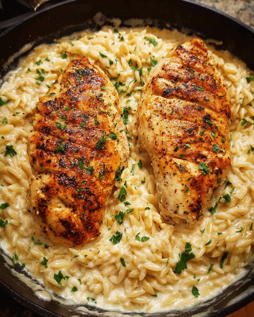 One-pan chicken alfredo orzo served creamy