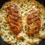 One-pan chicken alfredo orzo served creamy