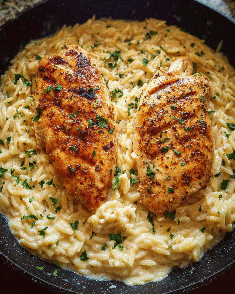 One-pan chicken alfredo orzo served creamy