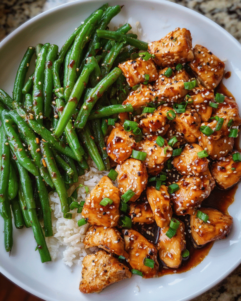 One-pan honey garlic chicken with green beans in skillet
