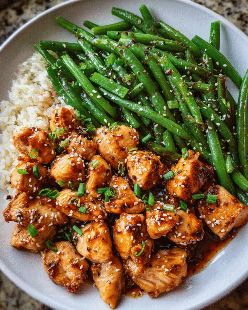 One-pan honey garlic chicken with green beans in skillet