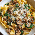 One Pot Cheesy Mushroom Spinach Beef Pasta in a skillet