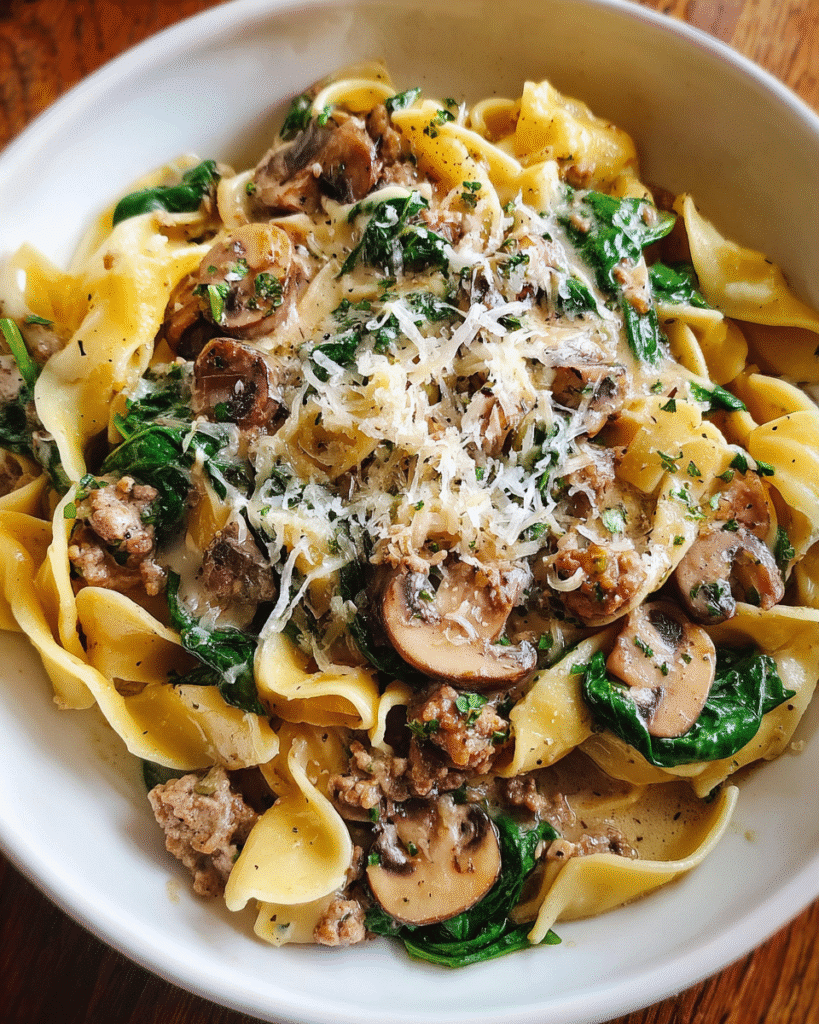 One Pot Cheesy Mushroom Spinach Beef Pasta in a skillet
