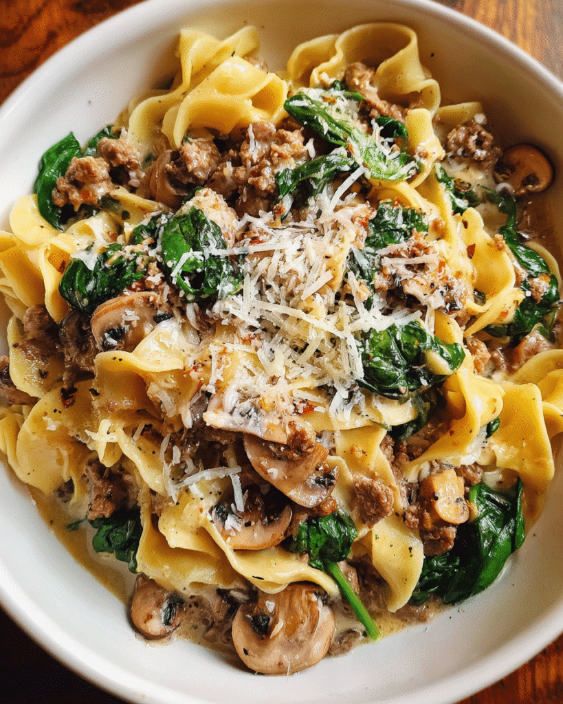 One Pot Cheesy Mushroom Spinach Beef Pasta in a skillet