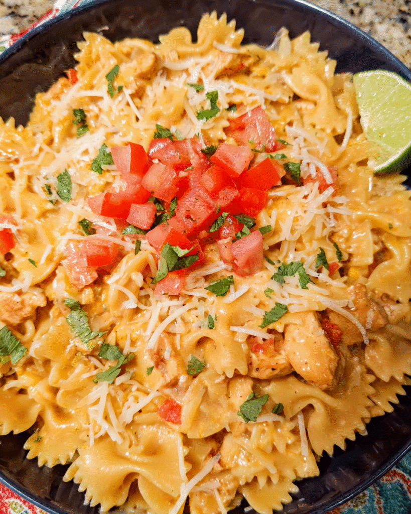 One-Pot Creamy Chicken Taco Pasta in a skillet