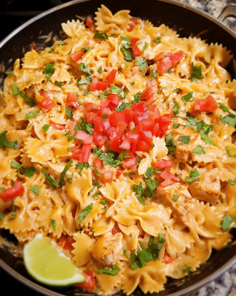 One-Pot Creamy Chicken Taco Pasta in a skillet