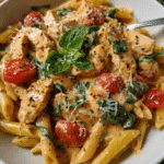 One-pot creamy chicken tomato pasta in skillet