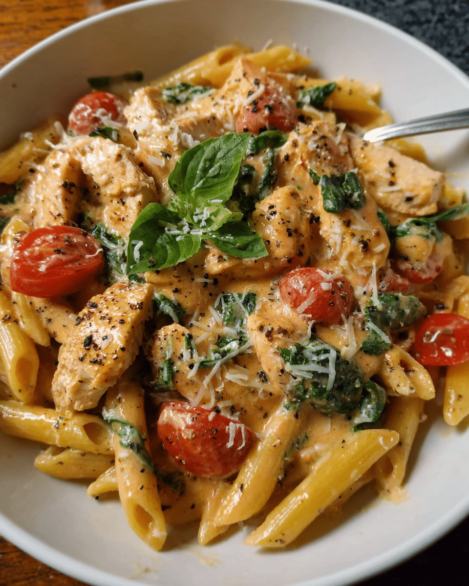 One-pot creamy chicken tomato pasta in skillet
