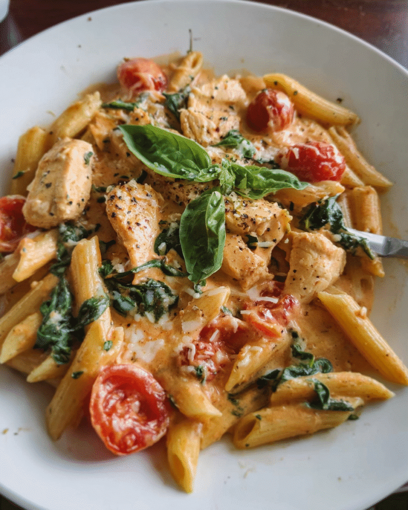One-pot creamy chicken tomato pasta in skillet