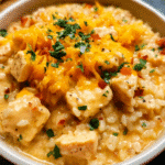 One Pot Queso Chicken and Rice in a cast iron skillet with melted cheese on top