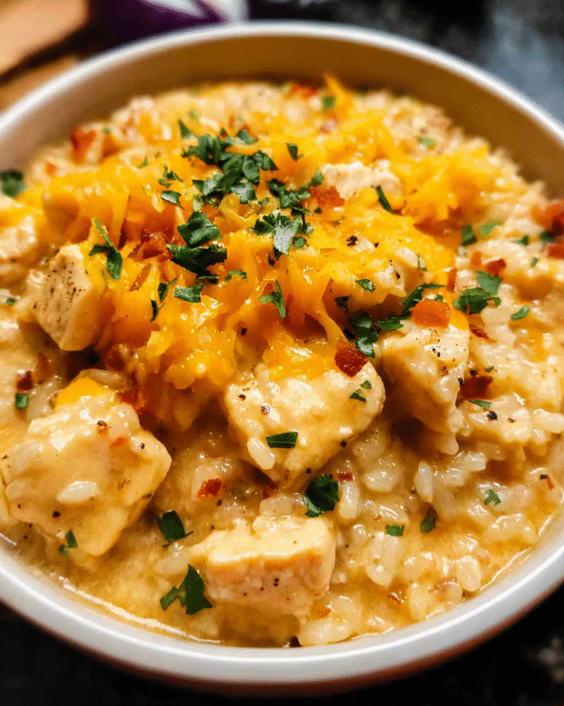 One Pot Queso Chicken and Rice in a cast iron skillet with melted cheese on top