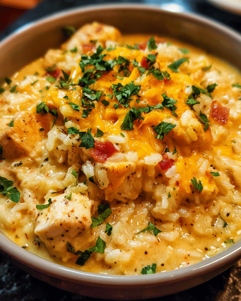 One Pot Queso Chicken and Rice in a cast iron skillet with melted cheese on top