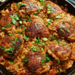 one-pot spicy chicken rice cooked in a skillet