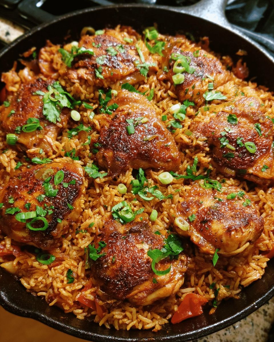 one-pot spicy chicken rice cooked in a skillet