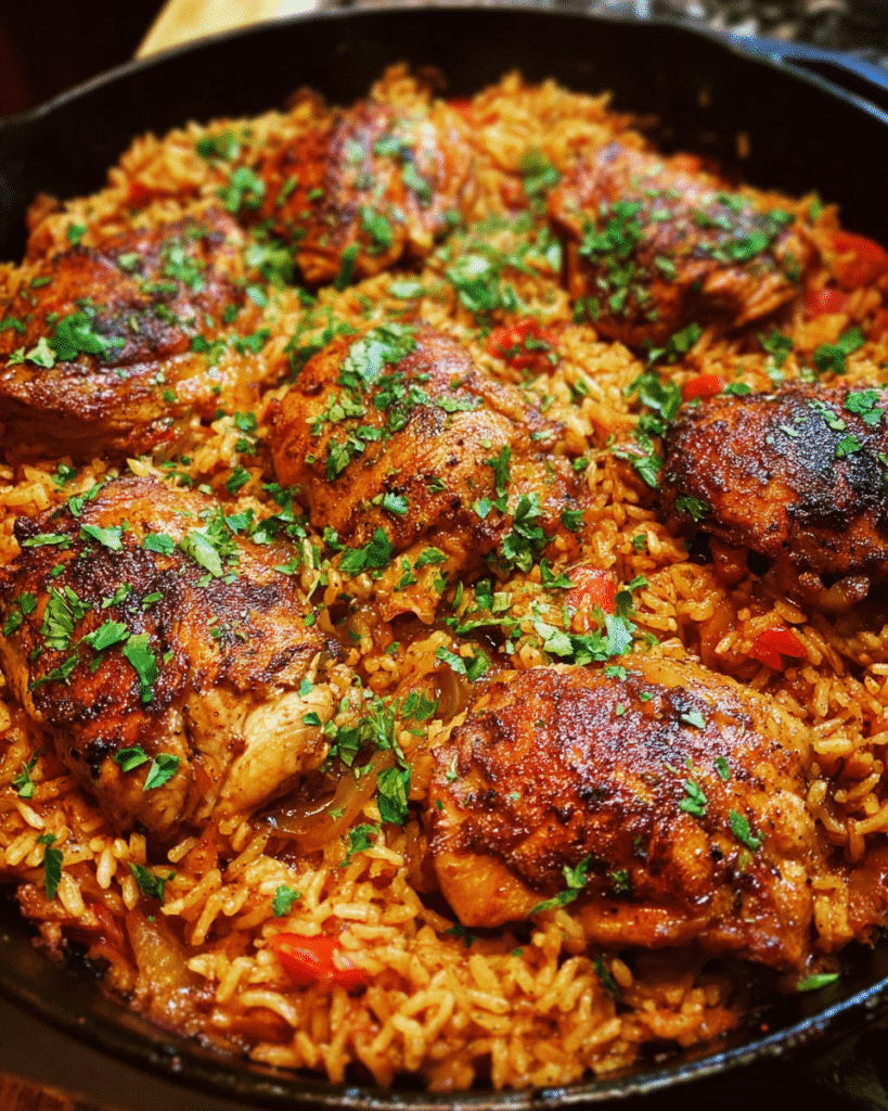 one-pot spicy chicken rice cooked in a skillet