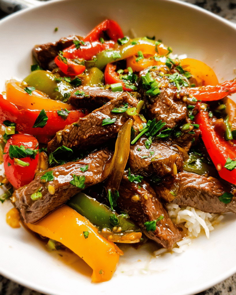 Pepper steak stir fry with colorful bell peppers in a skillet