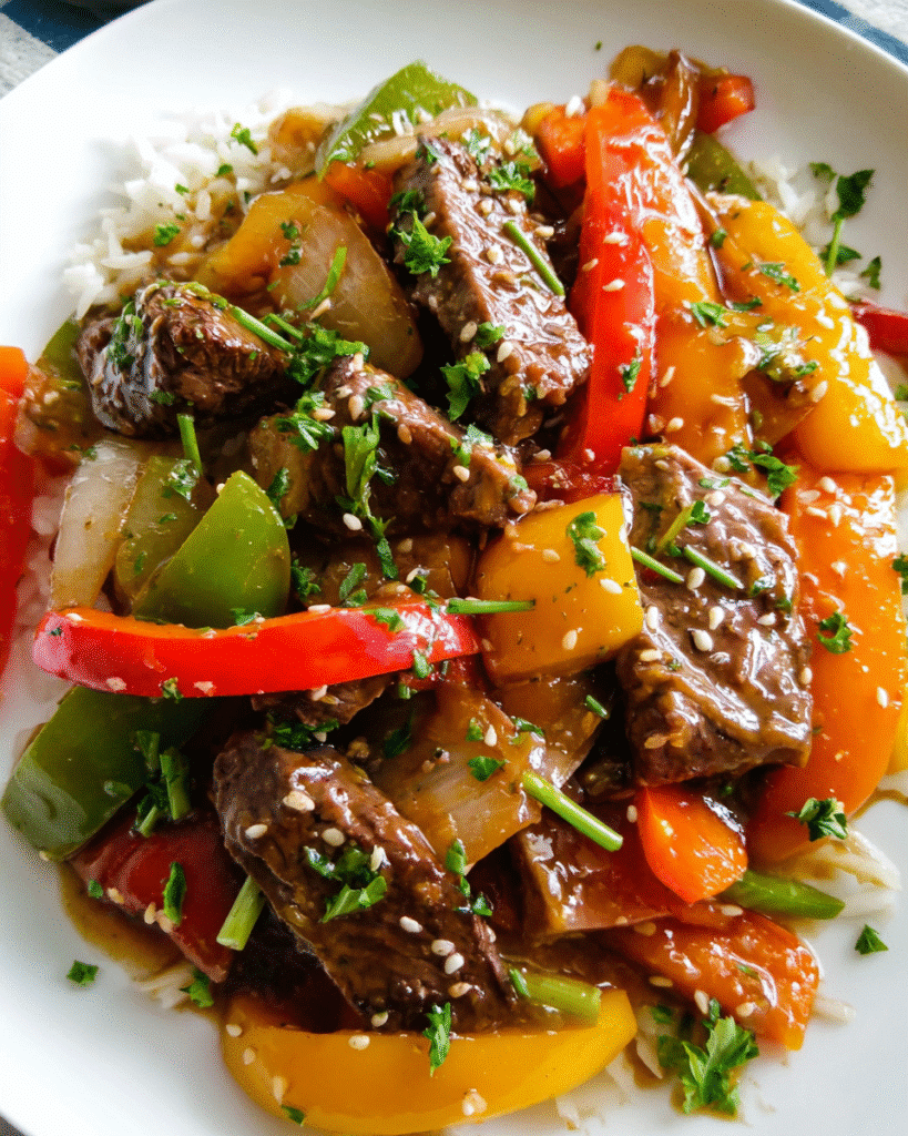 Pepper steak stir fry with colorful bell peppers in a skillet