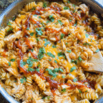 Quick BBQ Chicken Pasta Skillet in one pan with cheese and crispy onions