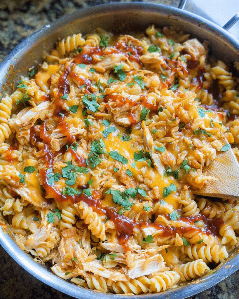Quick BBQ Chicken Pasta Skillet in one pan with cheese and crispy onions