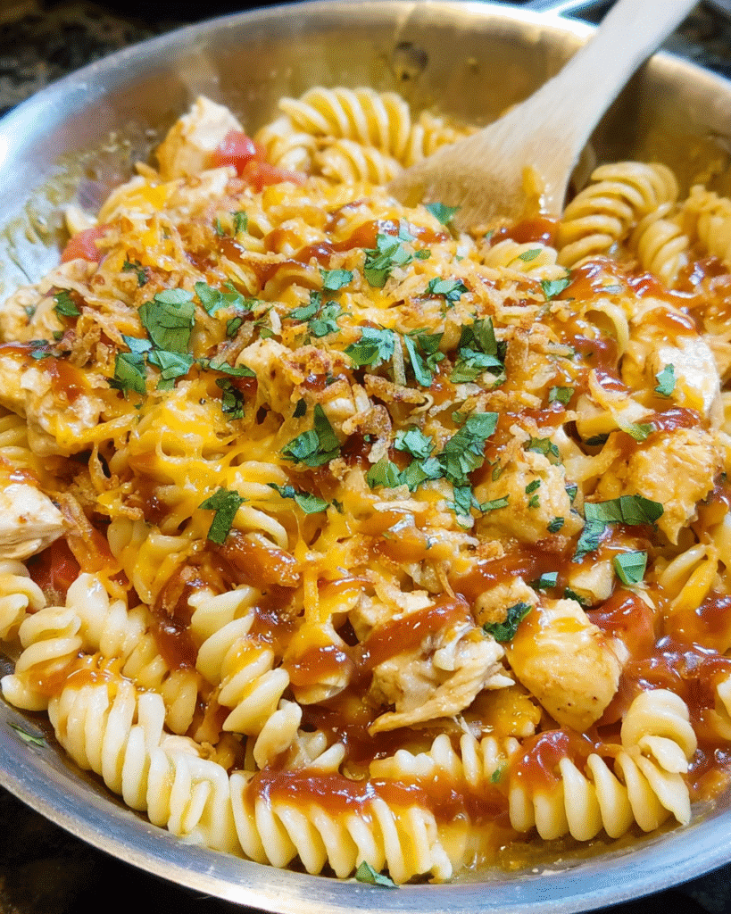 Quick BBQ Chicken Pasta Skillet in one pan with cheese and crispy onions