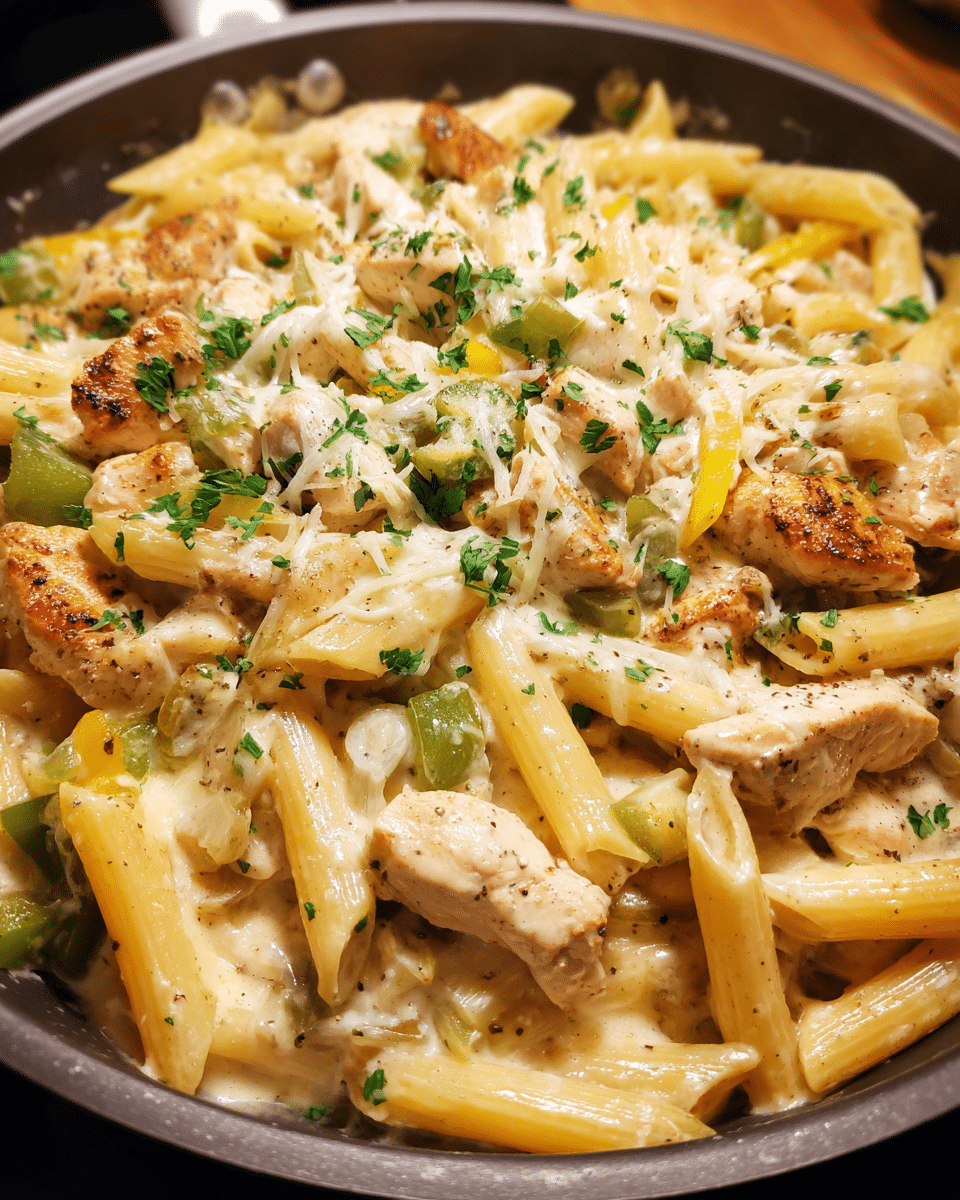 Quick Chicken Philly Pasta with Creamy Cheese Sauce