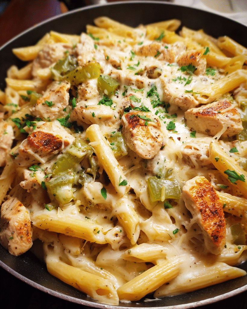 Quick Chicken Philly Pasta with Creamy Cheese Sauce