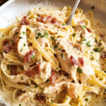 Quick creamy chicken bacon pasta with Parmesan and parsley