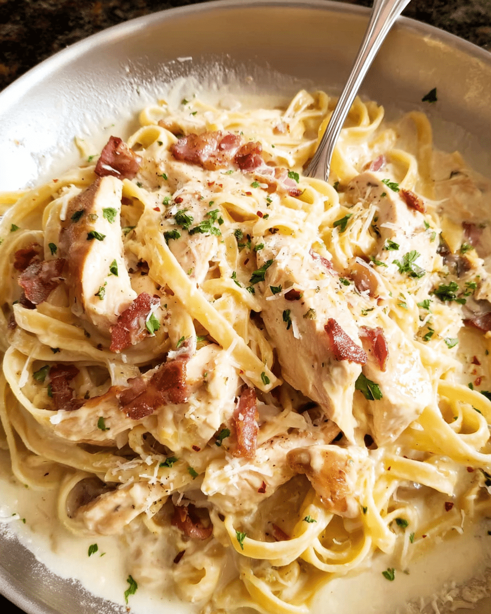 Quick creamy chicken bacon pasta with Parmesan and parsley