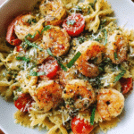 Quick Creamy Pesto Shrimp Pasta in white bowl with basil garnish