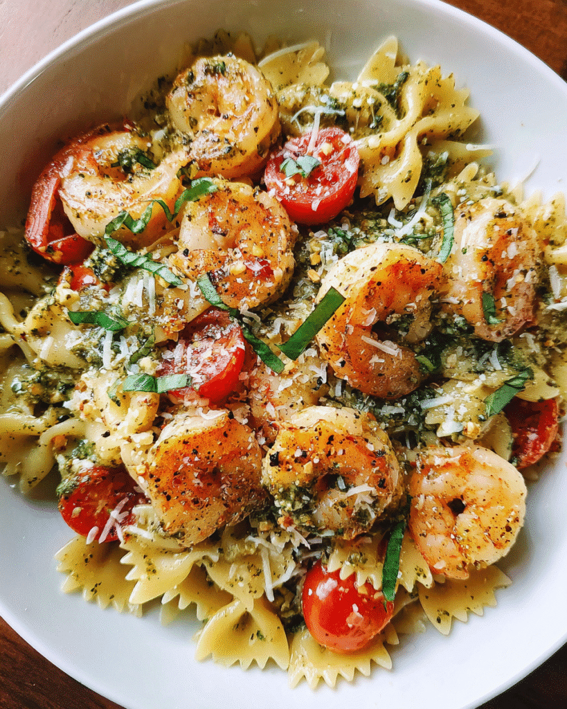 Quick Creamy Pesto Shrimp Pasta in white bowl with basil garnish