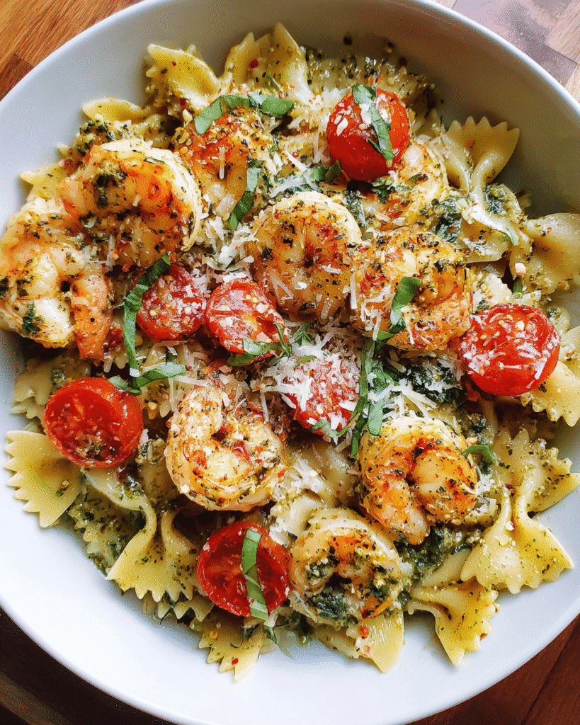 Quick Creamy Pesto Shrimp Pasta in white bowl with basil garnish