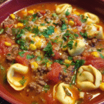 Bowl of Taco Tortellini Soup with corn and cilantro