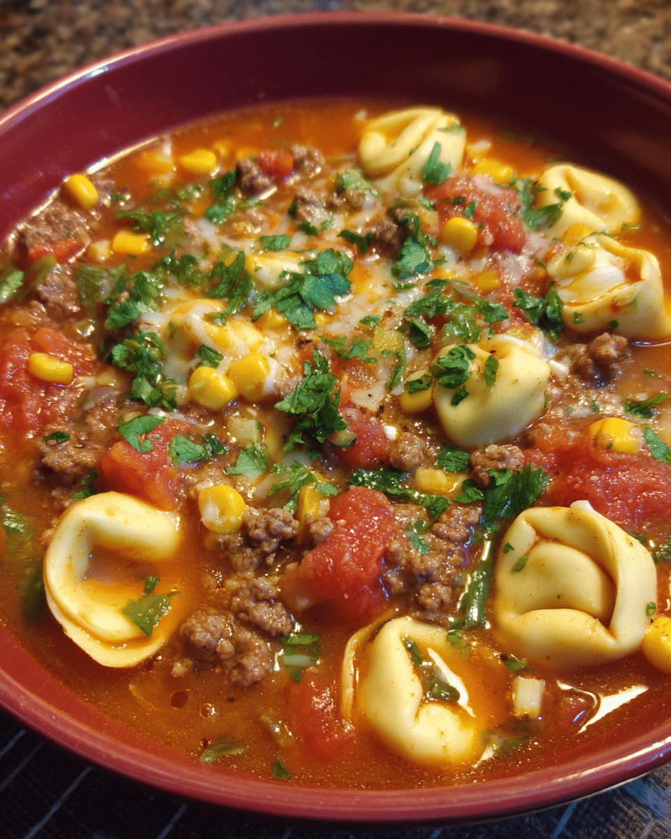Bowl of Taco Tortellini Soup with corn and cilantro