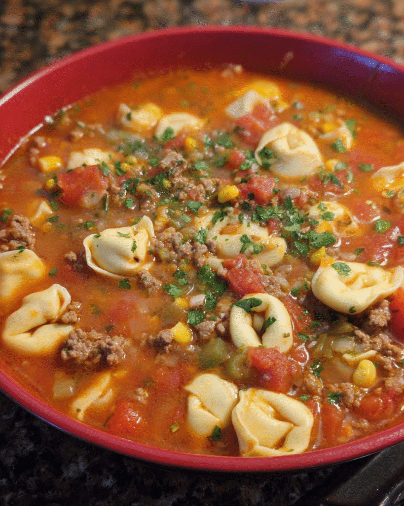 Bowl of Taco Tortellini Soup with corn and cilantro