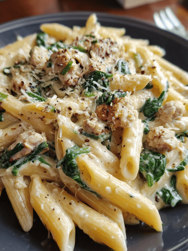 20 Minute Creamy Garlic Sausage Pasta served in a white bowl with fresh spinach